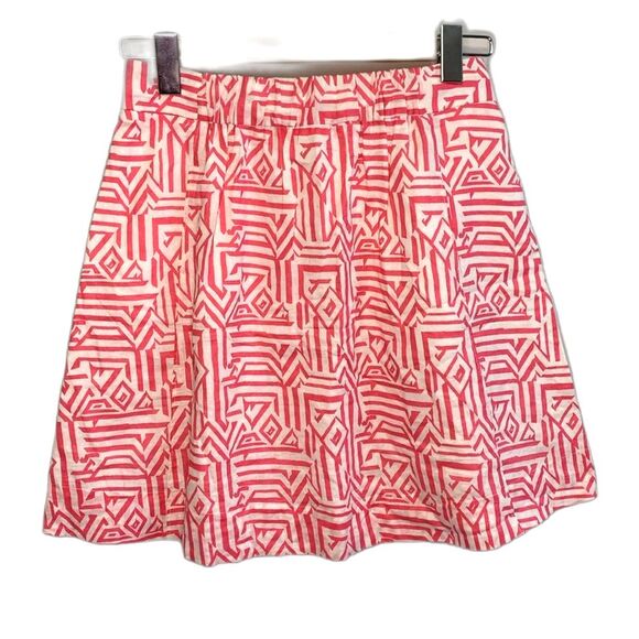 J. Crew Pink White Linen Cotton Blend Geo Print Drawstring Mini Skirt Size 00 - Picture 3 of 11
